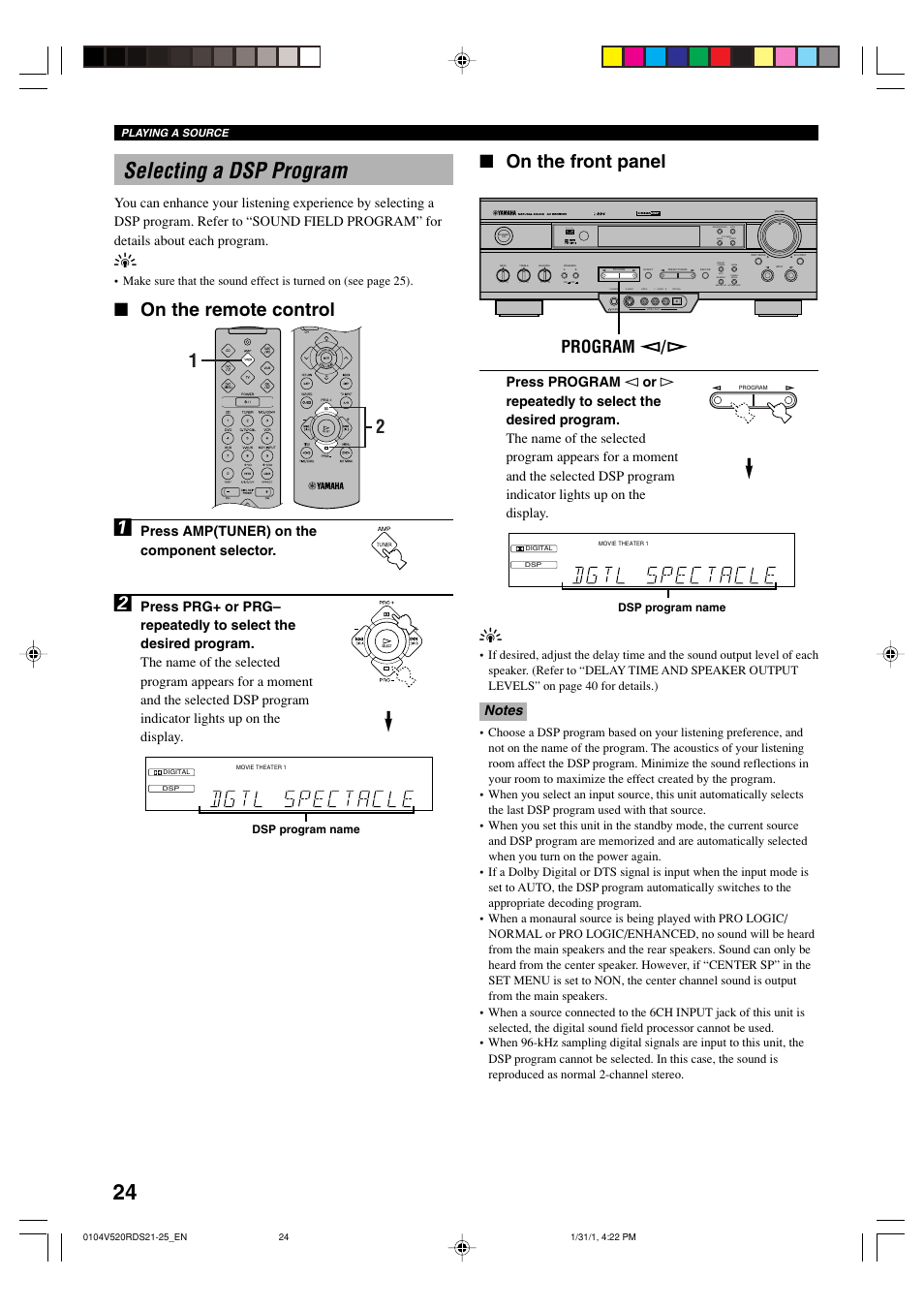 Selecting a dsp program, 24 selecting a dsp program, On the remote control | On the front panel, Program, Press amp(tuner) on the component selector, Dsp program name | Yamaha RX-V520RDS User Manual | Page 26 / 71