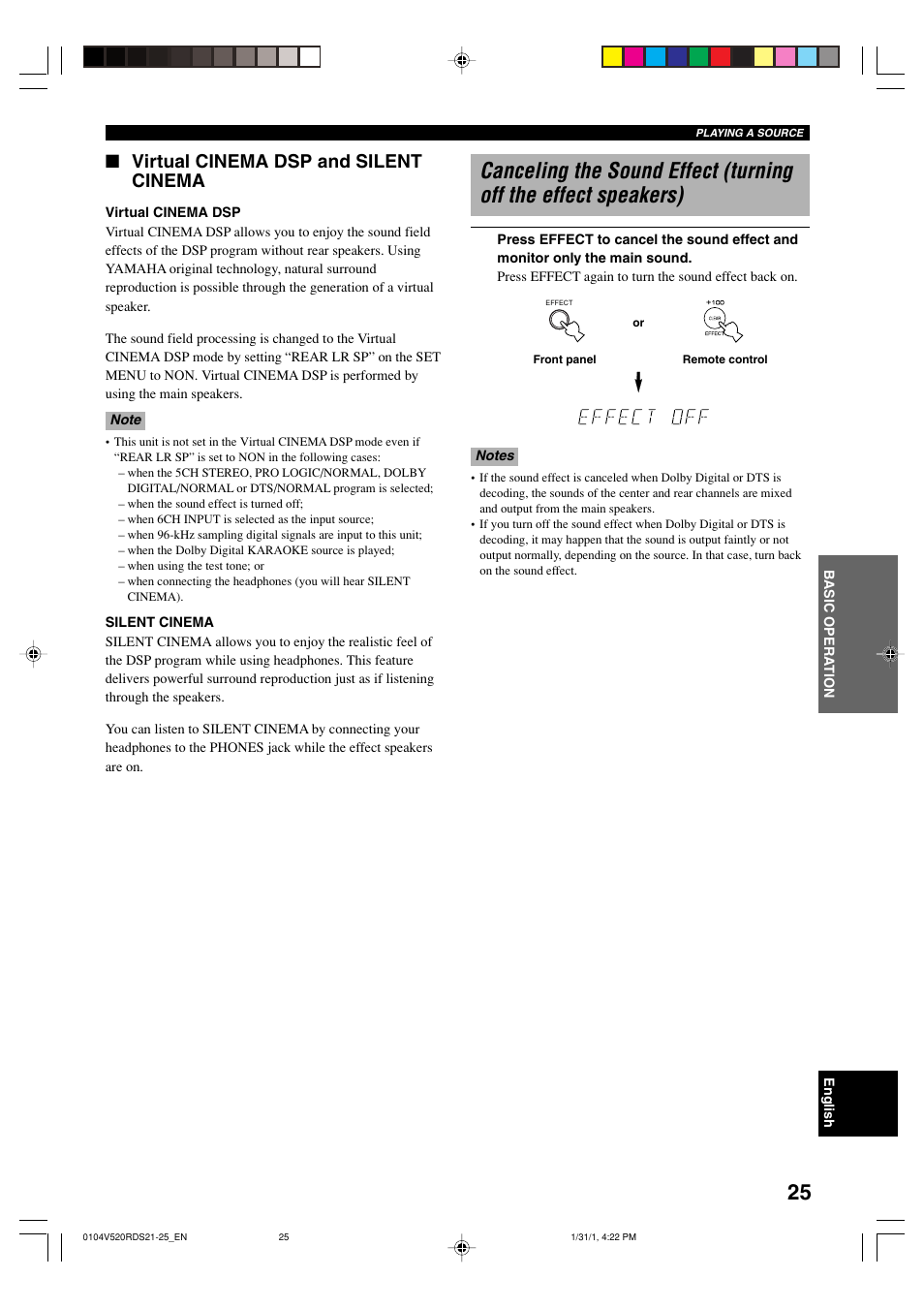 Virtual cinema dsp and silent cinema | Yamaha RX-V520RDS User Manual | Page 27 / 71