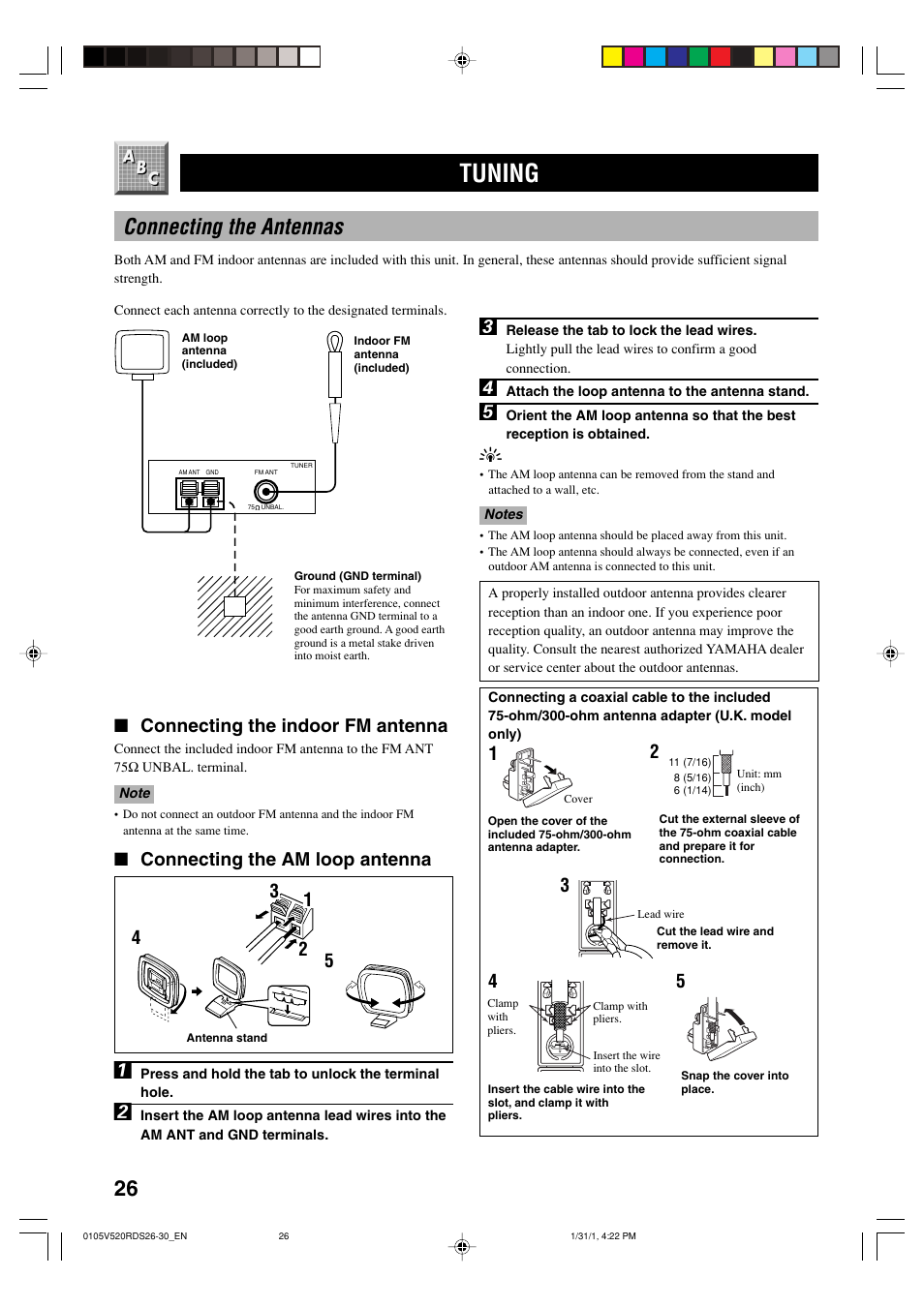 Tuning, Connecting the antennas, Connecting the indoor fm antenna | Connecting the am loop antenna | Yamaha RX-V520RDS User Manual | Page 28 / 71