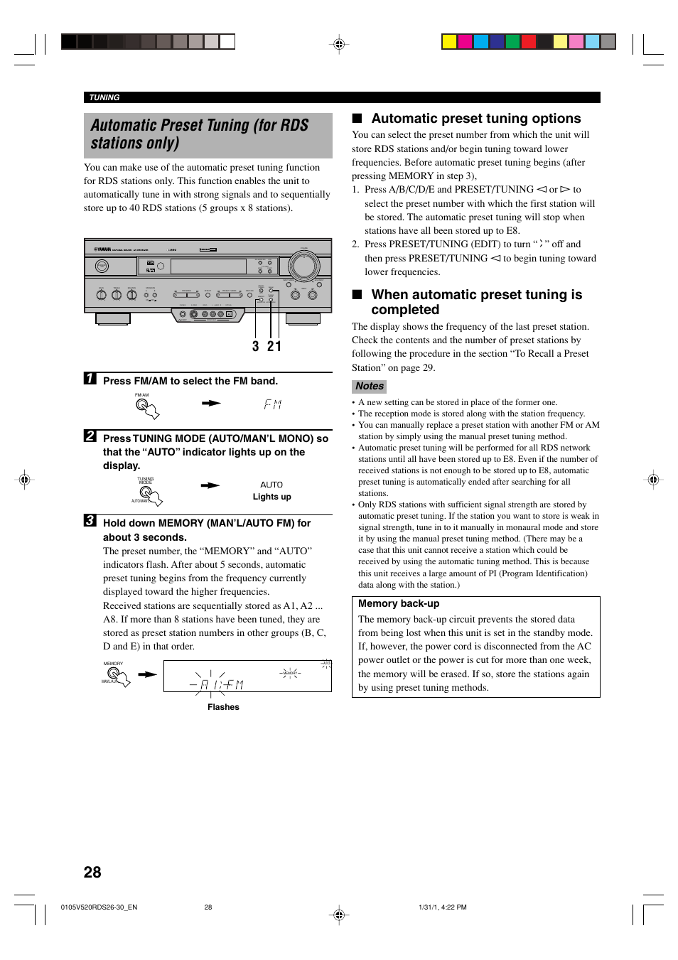 Automatic preset tuning (for rds stations only), Automatic preset tuning options, When automatic preset tuning is completed | Press fm/am to select the fm band, Lights up, Flashes | Yamaha RX-V520RDS User Manual | Page 30 / 71