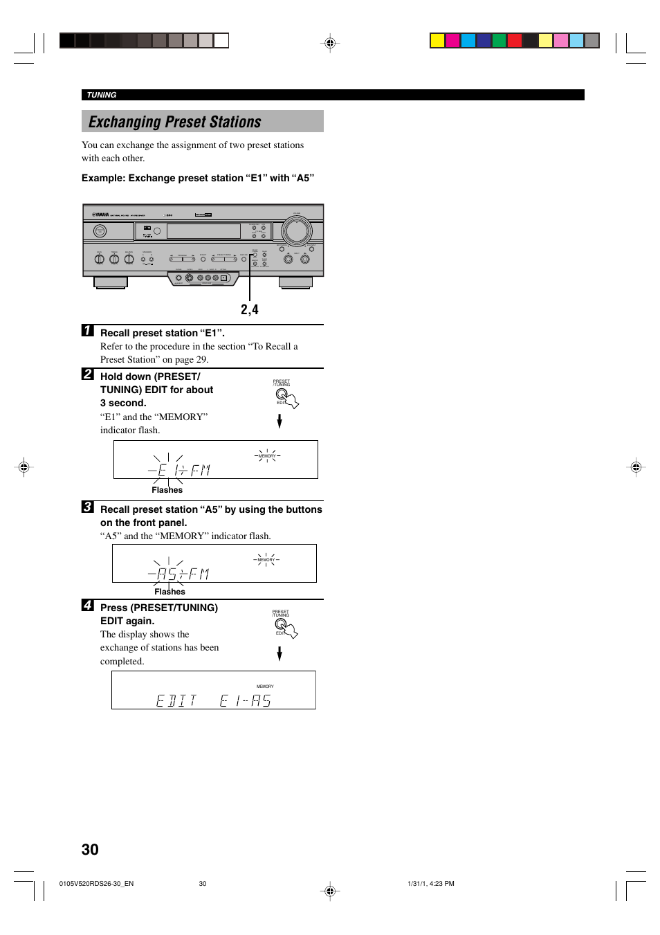 Exchanging preset stations, Flashes, Tuning | Yamaha RX-V520RDS User Manual | Page 32 / 71