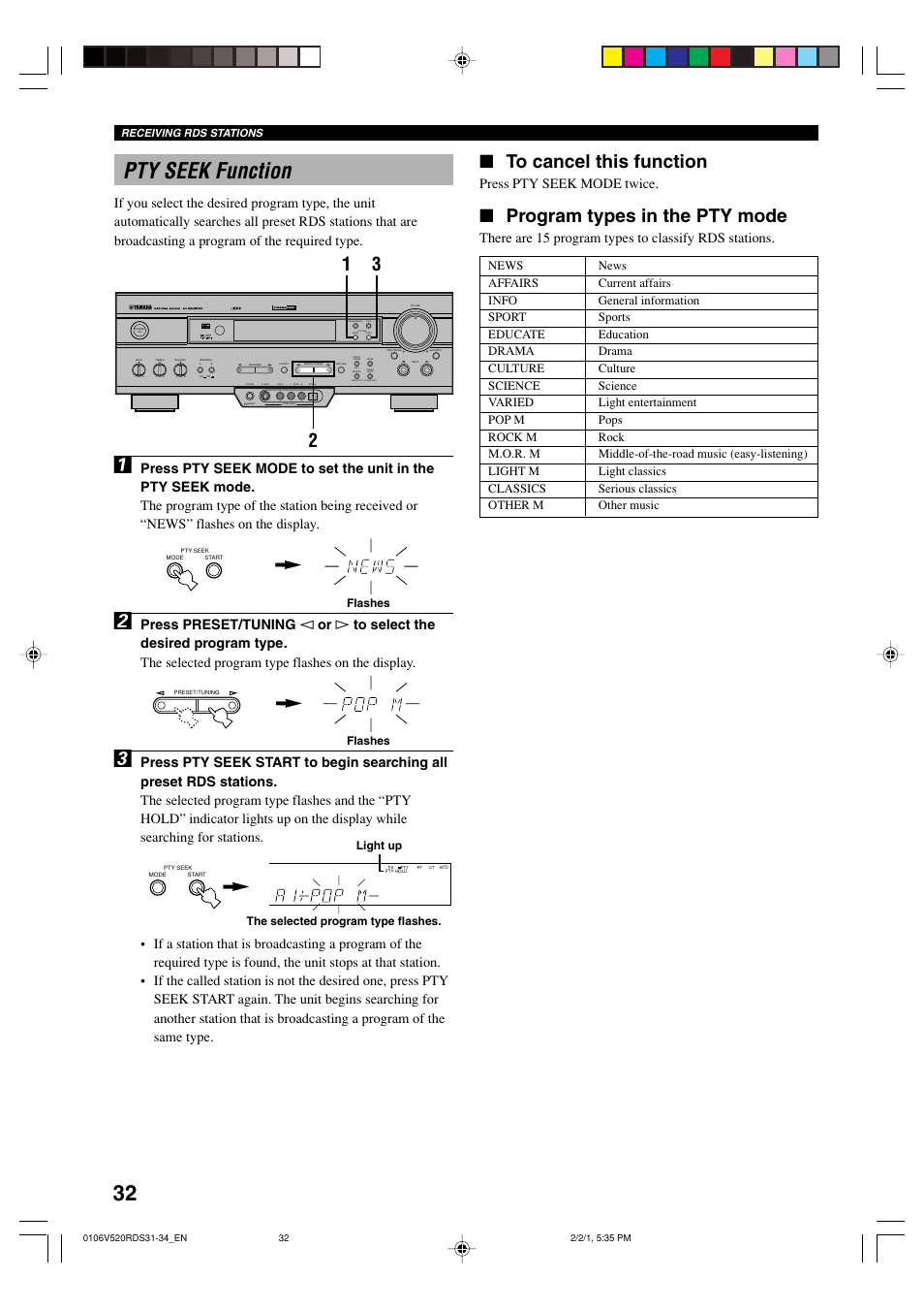 Pty seek function, 32 pty seek function, Program types in the pty mode | Press pty seek mode twice, Flashes, The selected program type flashes. light up | Yamaha RX-V520RDS User Manual | Page 34 / 71