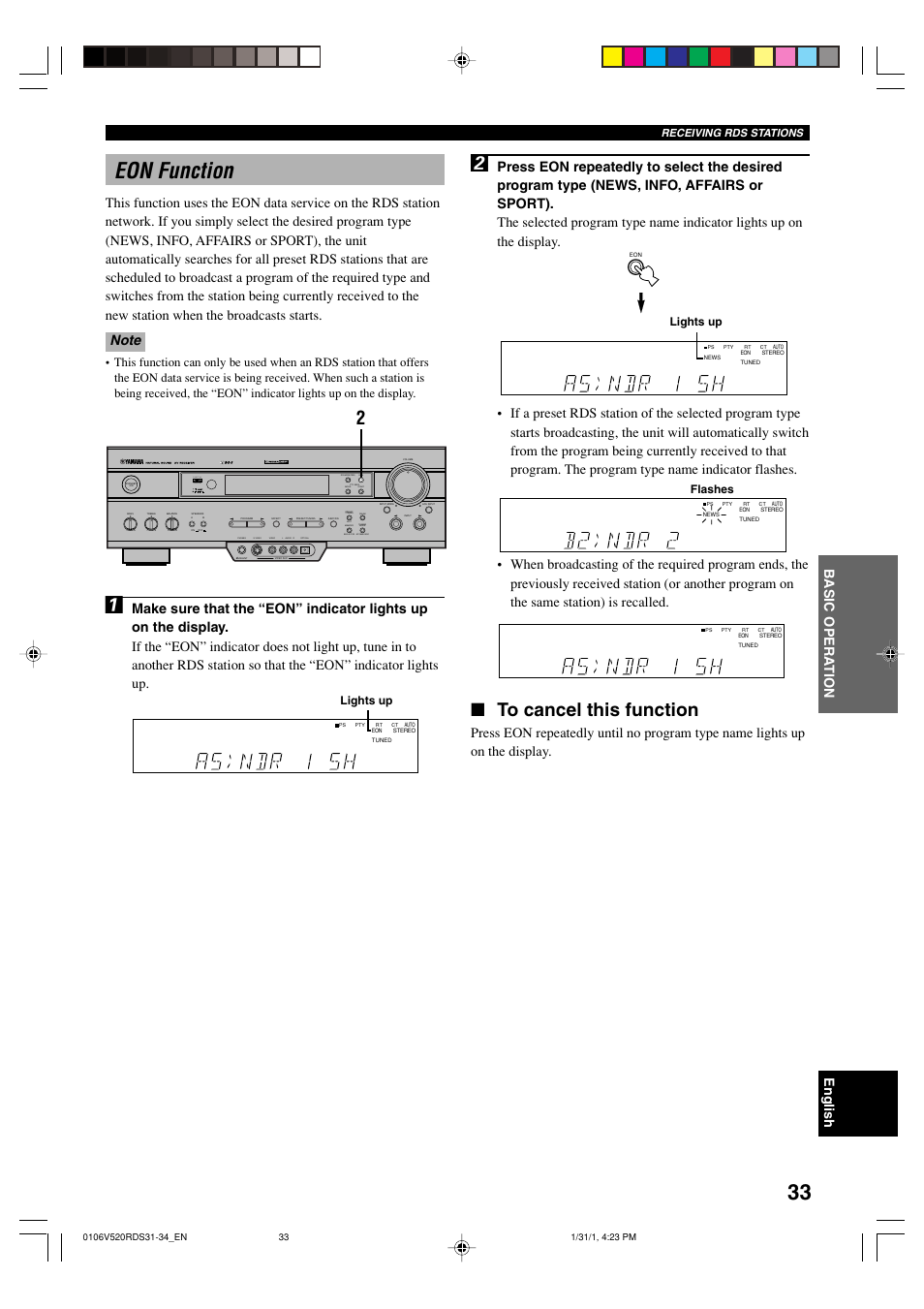 Eon function, Lights up, Flashes | Receiving rds stations | Yamaha RX-V520RDS User Manual | Page 35 / 71