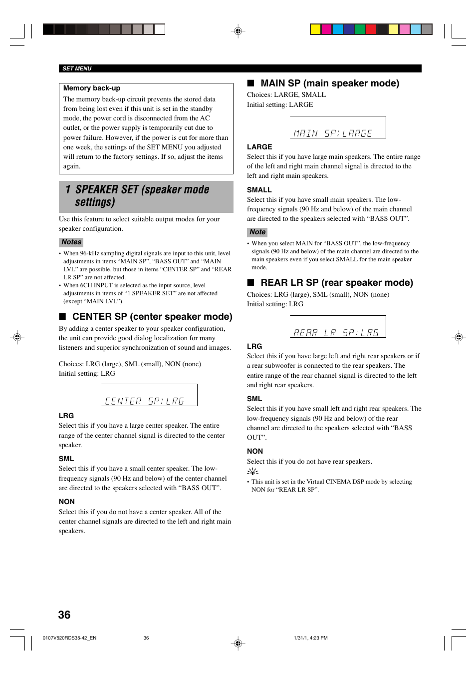 1 speaker set (speaker mode settings), Main sp (main speaker mode), Rear lr sp (rear speaker mode) | Center sp (center speaker mode) | Yamaha RX-V520RDS User Manual | Page 38 / 71