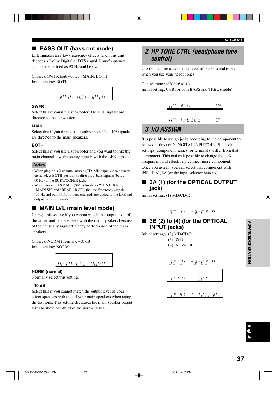 2 hp tone ctrl (headphone tone control), 3 i/o assign, Bass out (bass out mode) | Main lvl (main level mode), 3a (1) (for the optical output jack), 3b (2) to (4) (for the optical input jacks) | Yamaha RX-V520RDS User Manual | Page 39 / 71