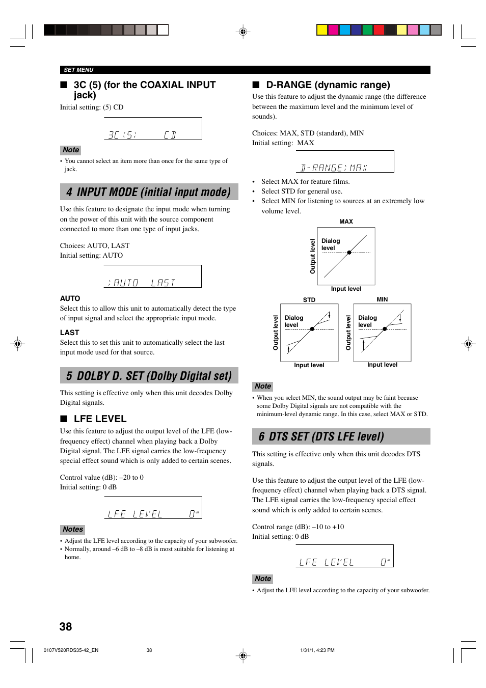 4 input mode (initial input mode), 5 dolby d. set (dolby digital set), 6 dts set (dts lfe level) | 3c (5) (for the coaxial input jack), Lfe level, D-range (dynamic range) | Yamaha RX-V520RDS User Manual | Page 40 / 71