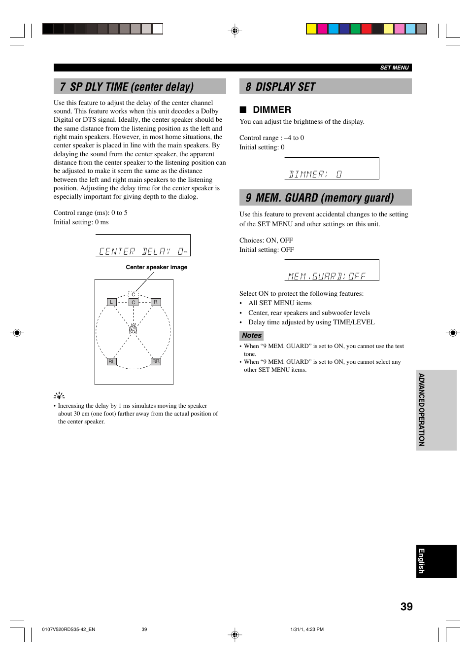 7 sp dly time (center delay), 8 display set, 9 mem. guard (memory guard) | Dimmer | Yamaha RX-V520RDS User Manual | Page 41 / 71