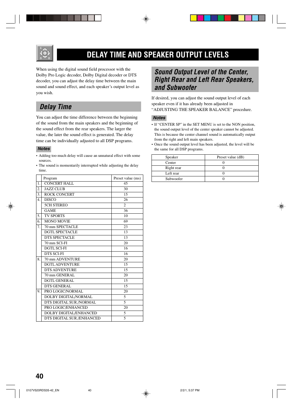 Delay time and speaker output levels, Delay time | Yamaha RX-V520RDS User Manual | Page 42 / 71