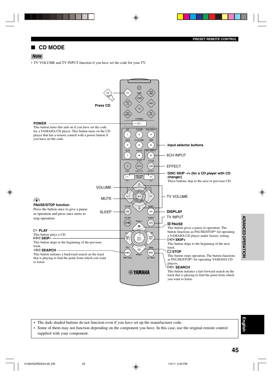 Cd mode | Yamaha RX-V520RDS User Manual | Page 47 / 71