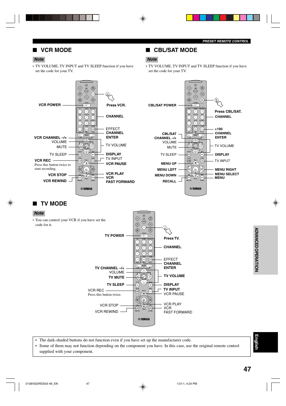 Vcr mode, Cbl/sat mode, Tv mode | Yamaha RX-V520RDS User Manual | Page 49 / 71