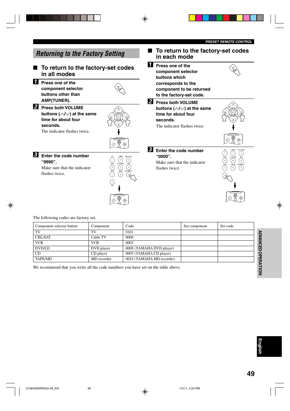 Returning to the factory setting | Yamaha RX-V520RDS User Manual | Page 51 / 71