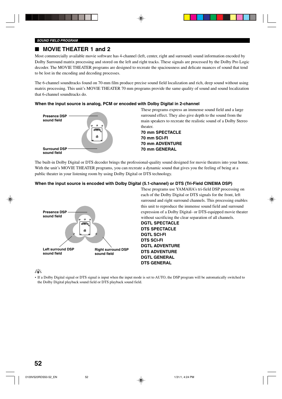 Movie theater 1 and 2 | Yamaha RX-V520RDS User Manual | Page 54 / 71