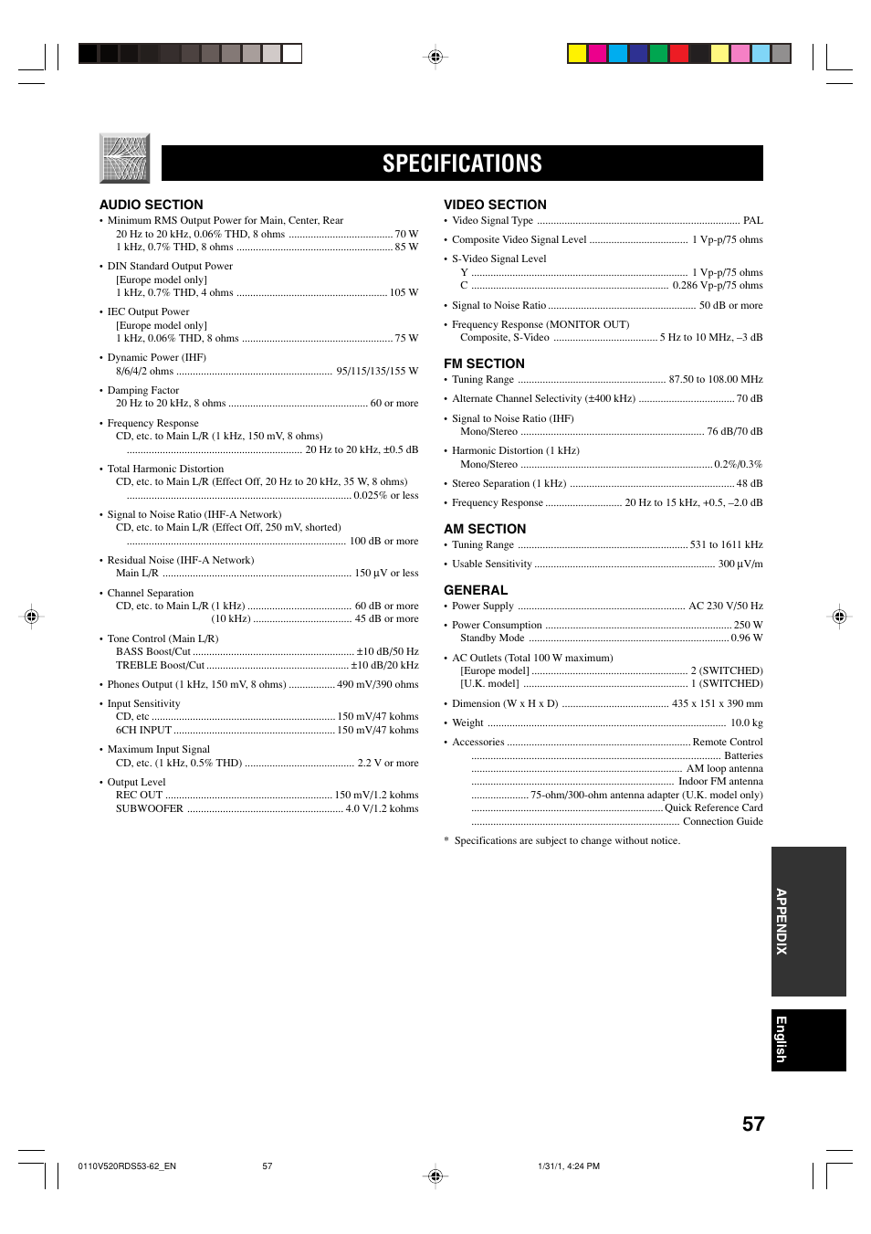 Specifications | Yamaha RX-V520RDS User Manual | Page 59 / 71