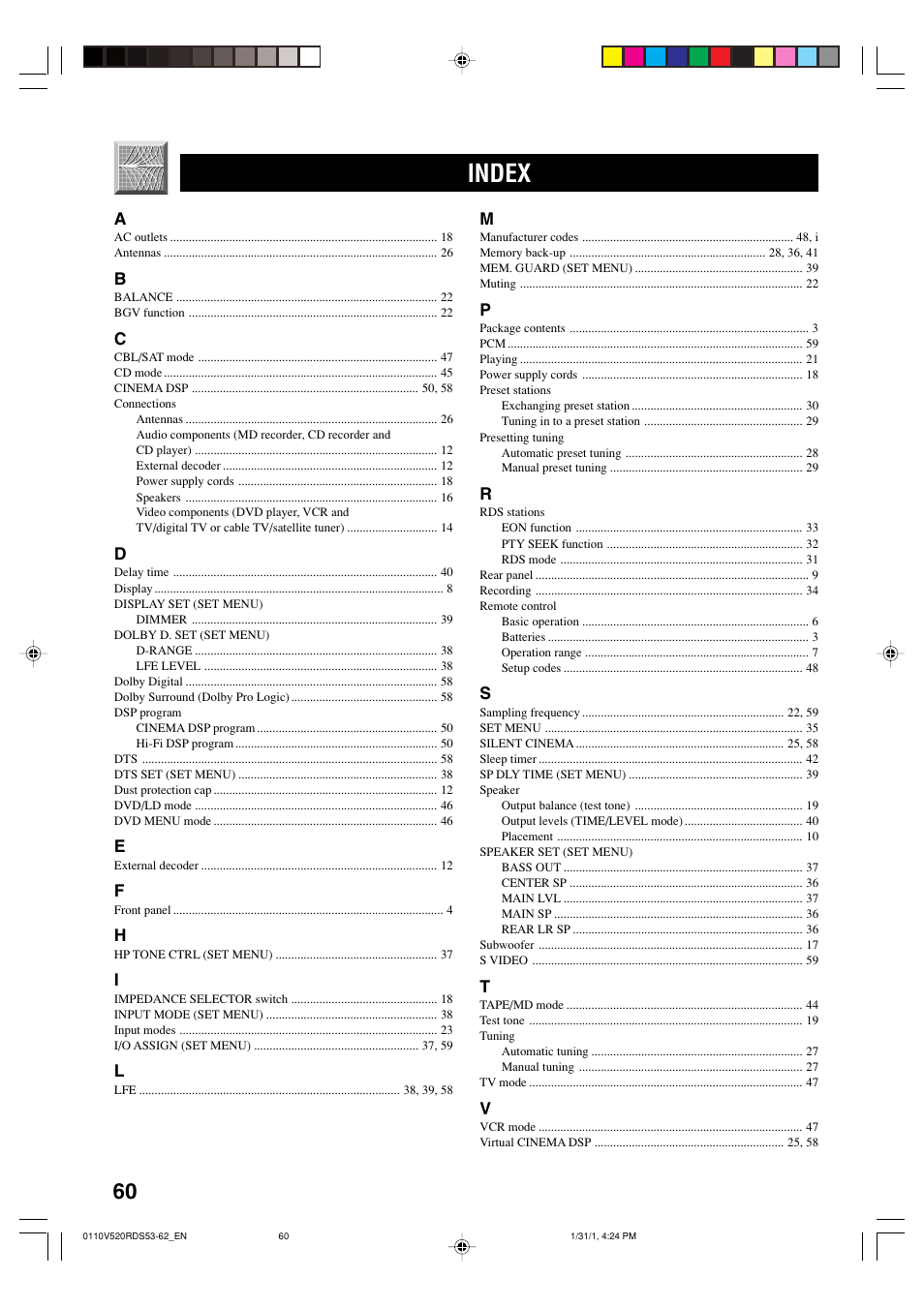 Index | Yamaha RX-V520RDS User Manual | Page 62 / 71