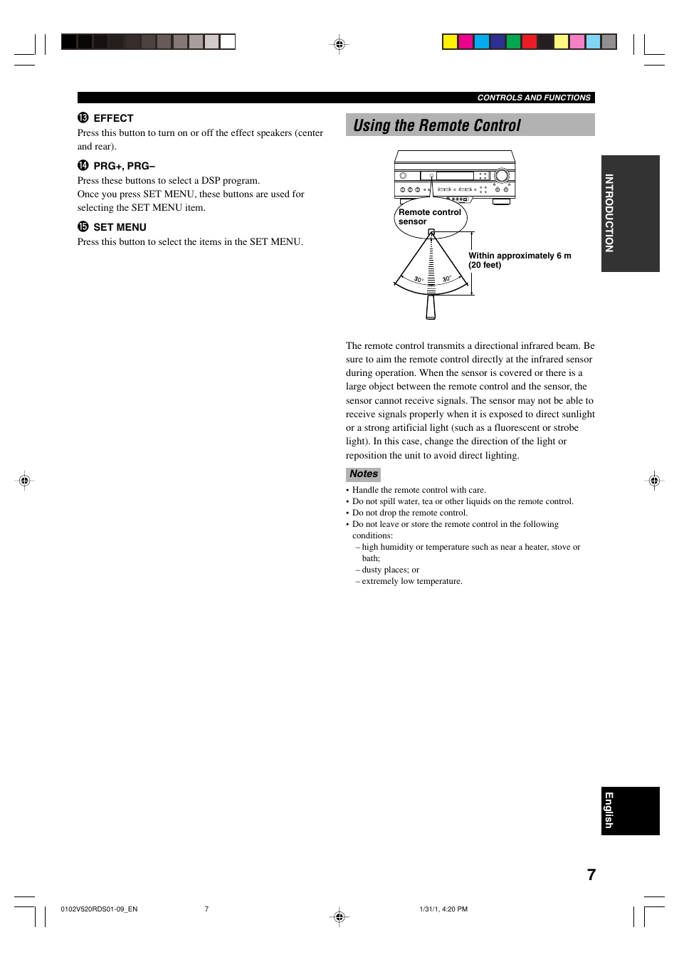 Using the remote control | Yamaha RX-V520RDS User Manual | Page 9 / 71