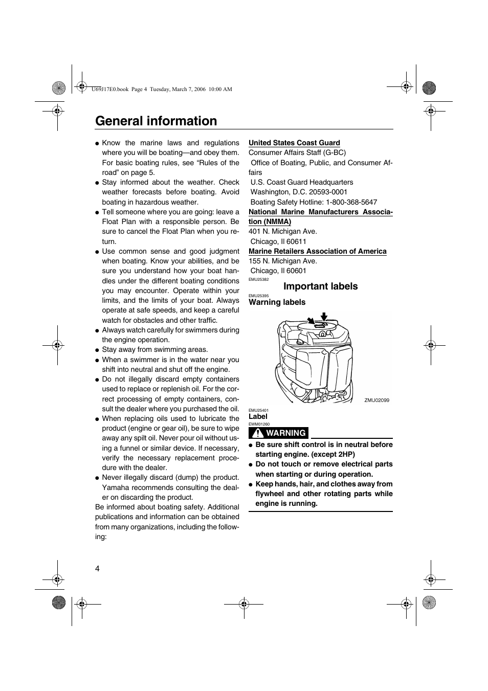 Important labels, Warning labels, General information | Yamaha LF225 User Manual | Page 10 / 94