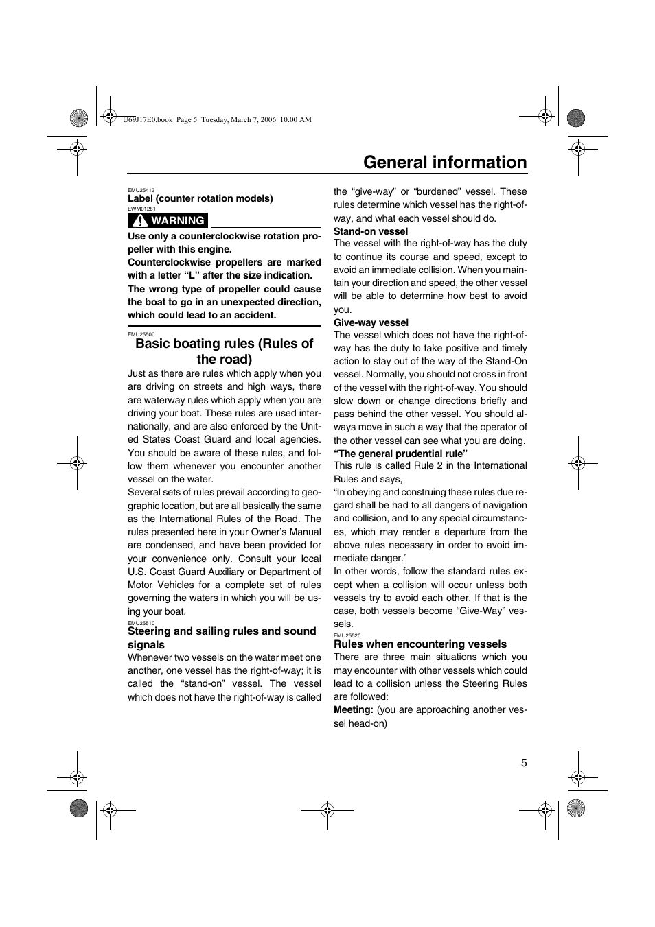 Basic boating rules, Rules of the road), Steering and sailing rules and | Sound signals, Rules when encountering vessels, General information, Basic boating rules (rules of the road) | Yamaha LF225 User Manual | Page 11 / 94