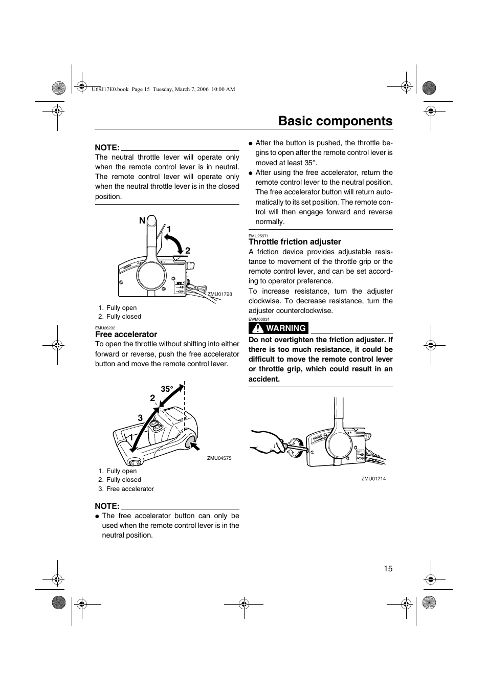 Free accelerator throttle friction adjuster, Basic components | Yamaha LF225 User Manual | Page 21 / 94