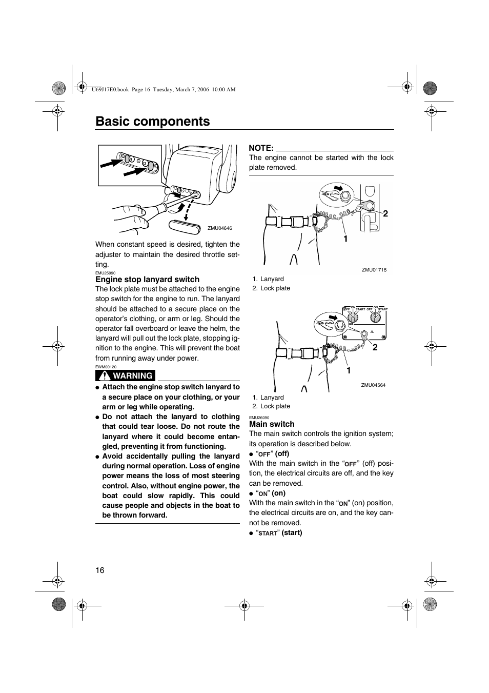 Engine stop lanyard switch main switch, Basic components | Yamaha LF225 User Manual | Page 22 / 94