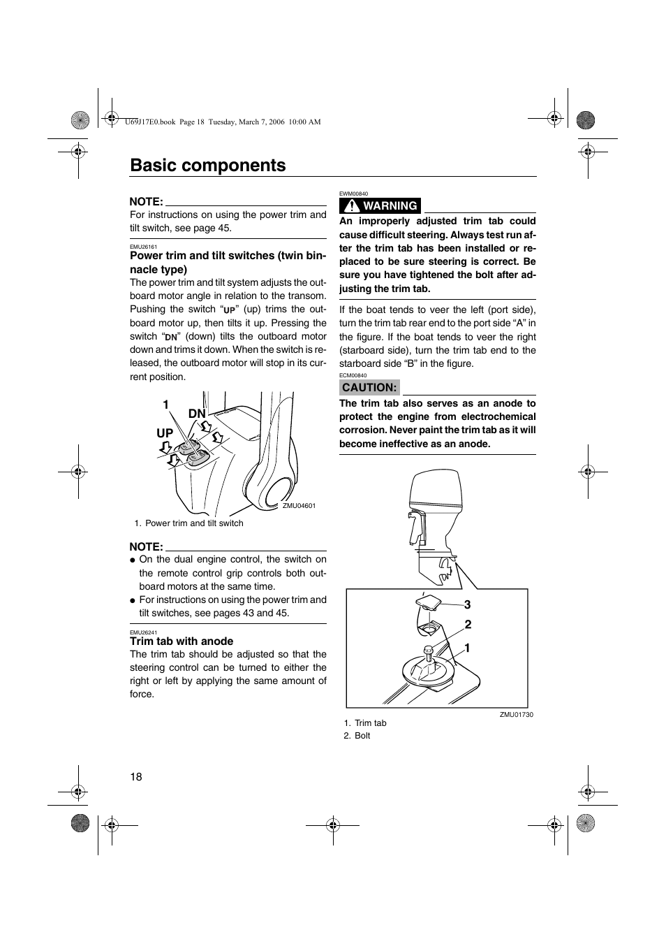 Power trim and tilt switches, Twin binnacle type), Trim tab with anode | Basic components, Dn up 1 | Yamaha LF225 User Manual | Page 24 / 94