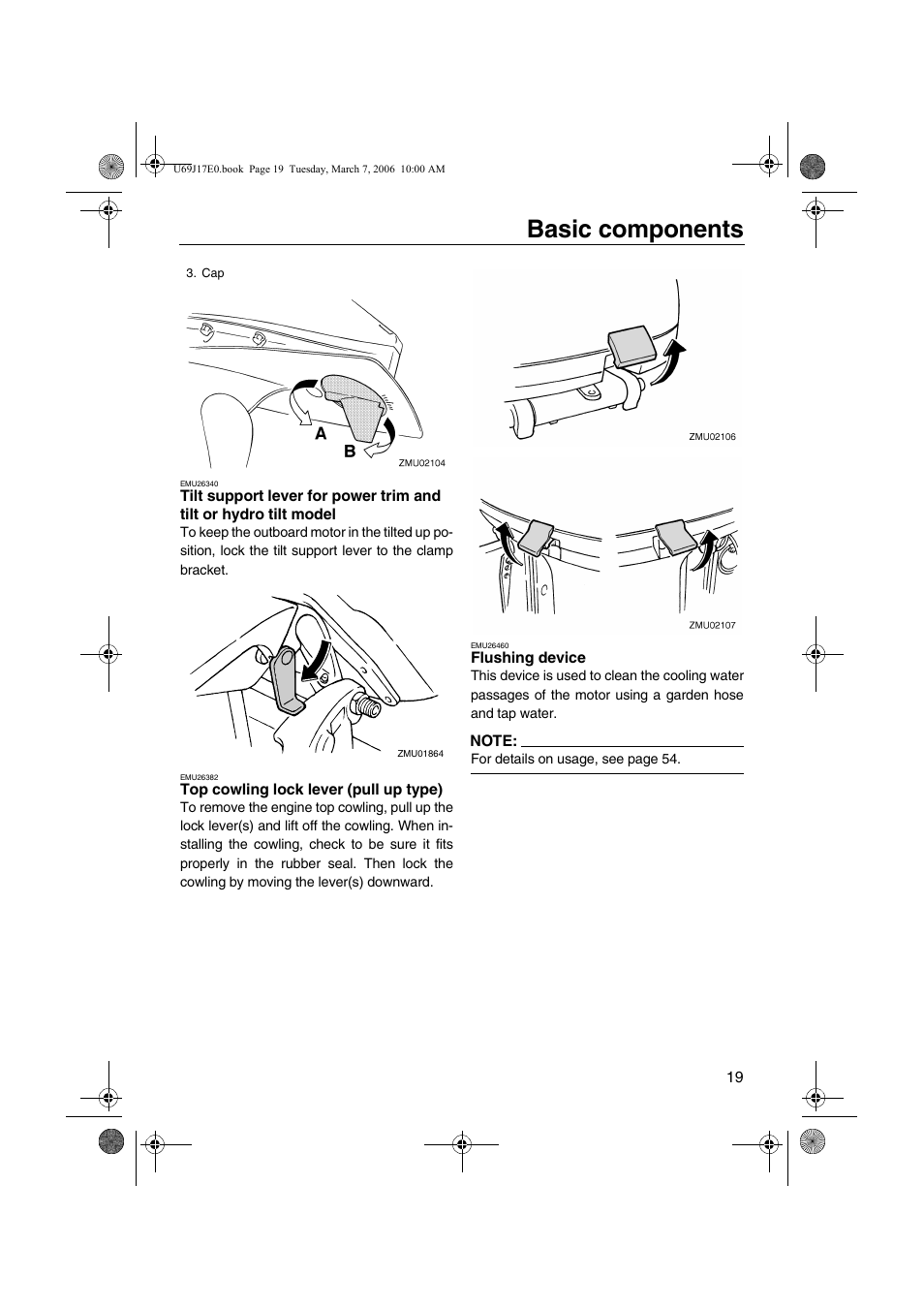 Tilt support lever for power trim and, Tilt or hydro tilt model, Top cowling lock lever | Pull up type), Flushing device, Basic components | Yamaha LF225 User Manual | Page 25 / 94