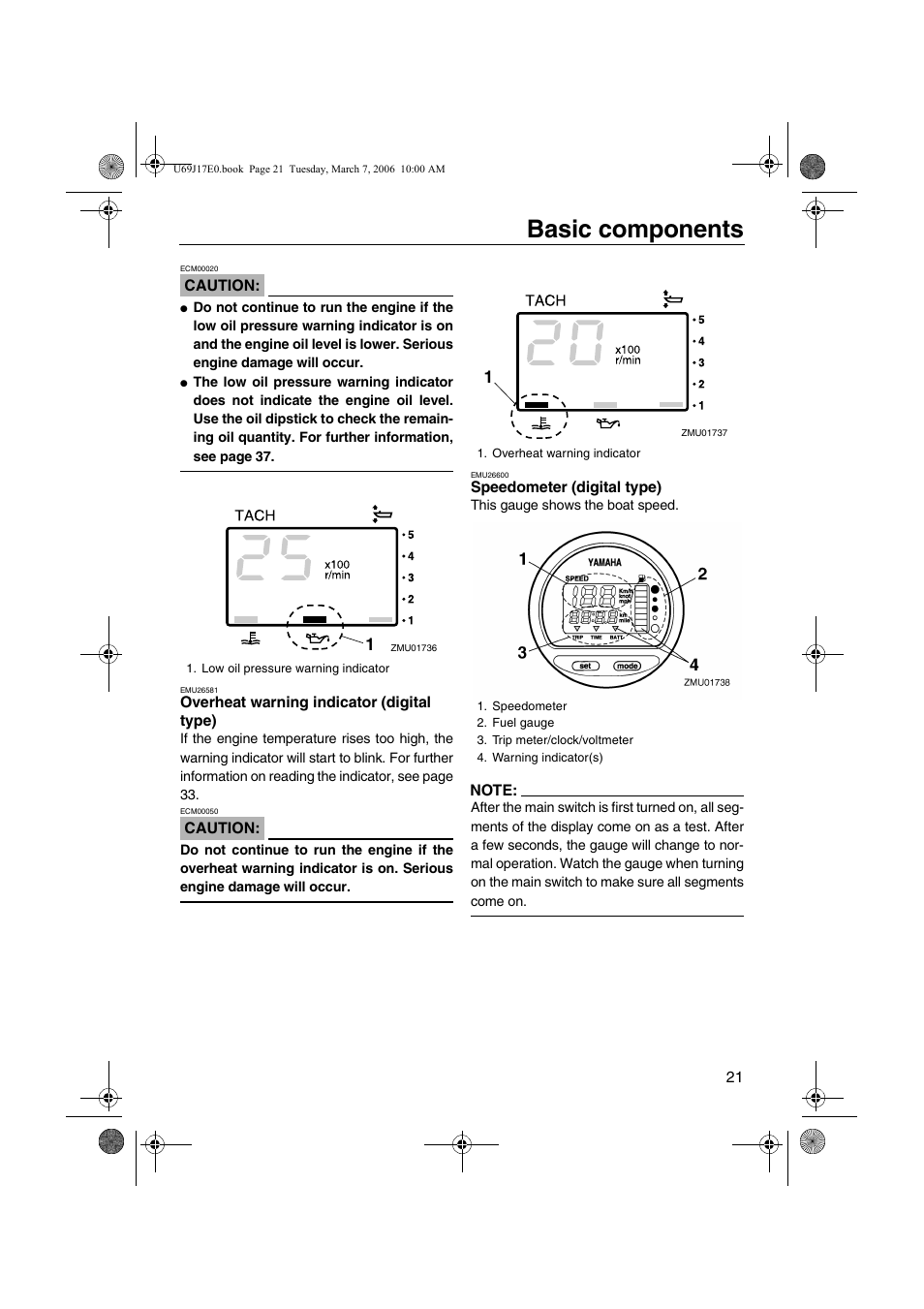 Overheat warning indicator, Digital type), Speedometer (digital type) | Basic components | Yamaha LF225 User Manual | Page 27 / 94
