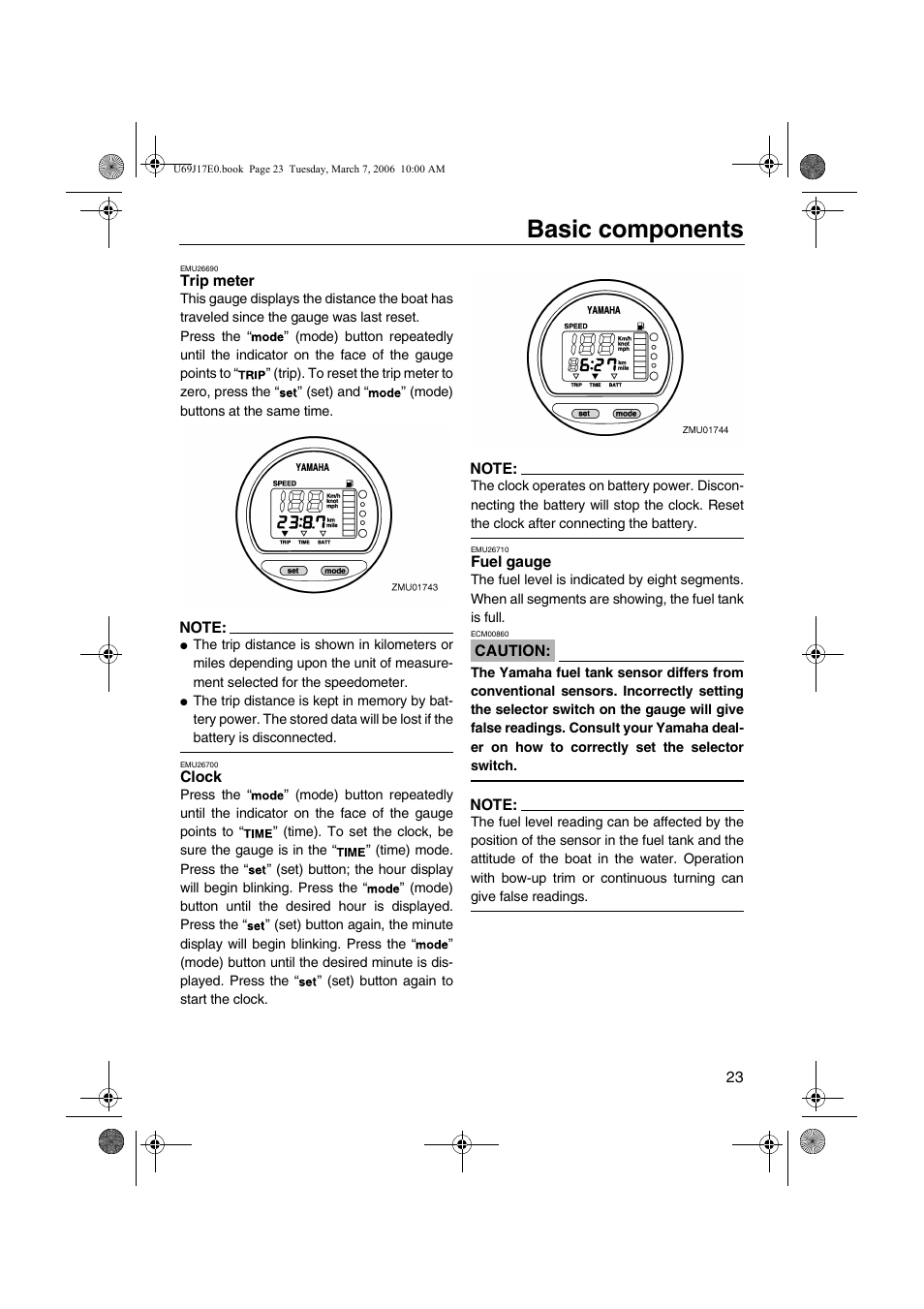 Trip meter clock fuel gauge, Basic components | Yamaha LF225 User Manual | Page 29 / 94