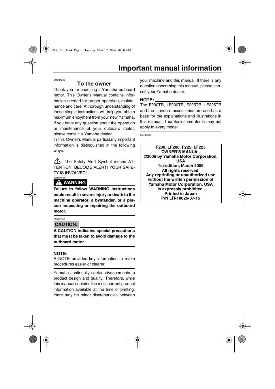 Important manual information | Yamaha LF225 User Manual | Page 3 / 94