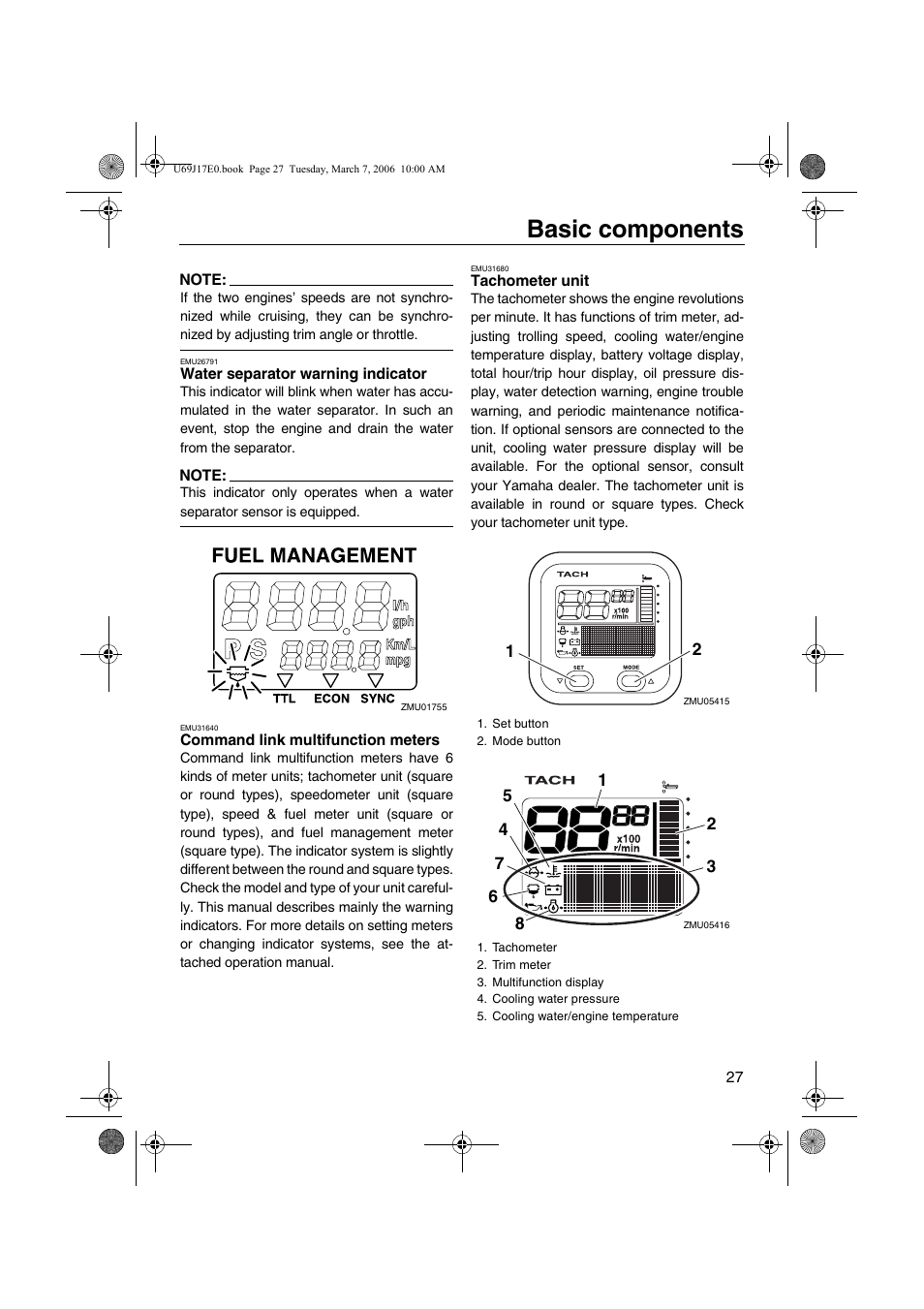 Meters, Tachometer unit, Basic components | Yamaha LF225 User Manual | Page 33 / 94