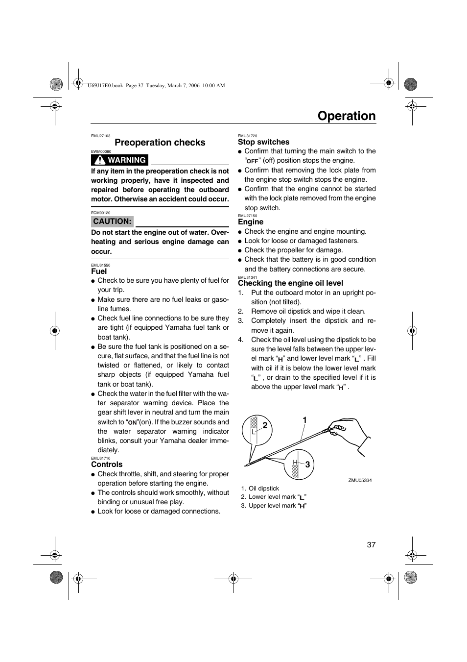 Preoperation checks, Operation | Yamaha LF225 User Manual | Page 43 / 94