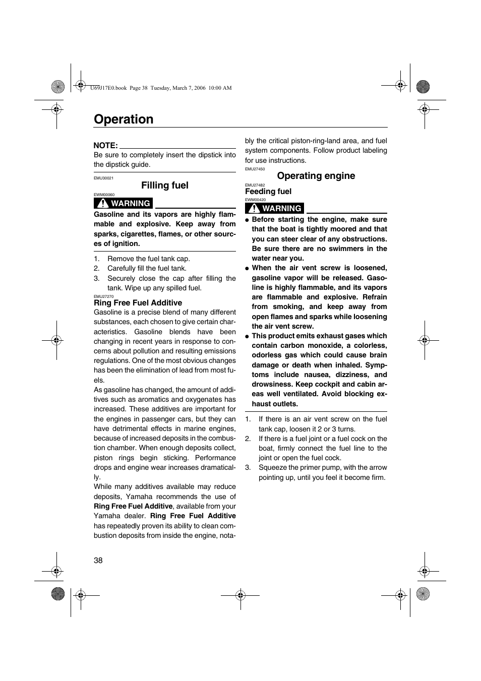 Filling fuel, Ring free fuel additive, Operating engine | Feeding fuel, Operation | Yamaha LF225 User Manual | Page 44 / 94