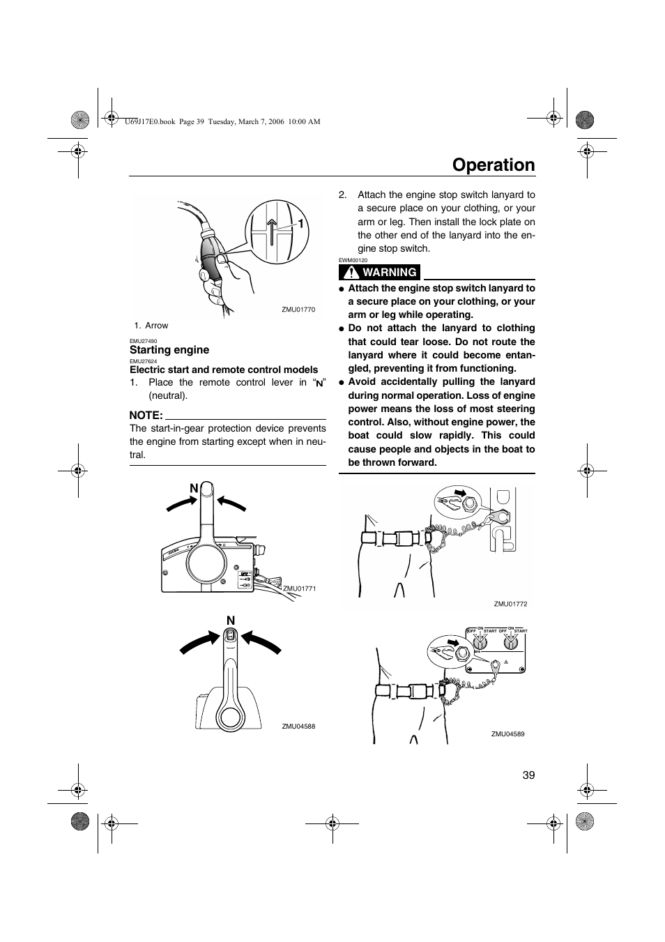 Starting engine, Operation, Warning | Yamaha LF225 User Manual | Page 45 / 94