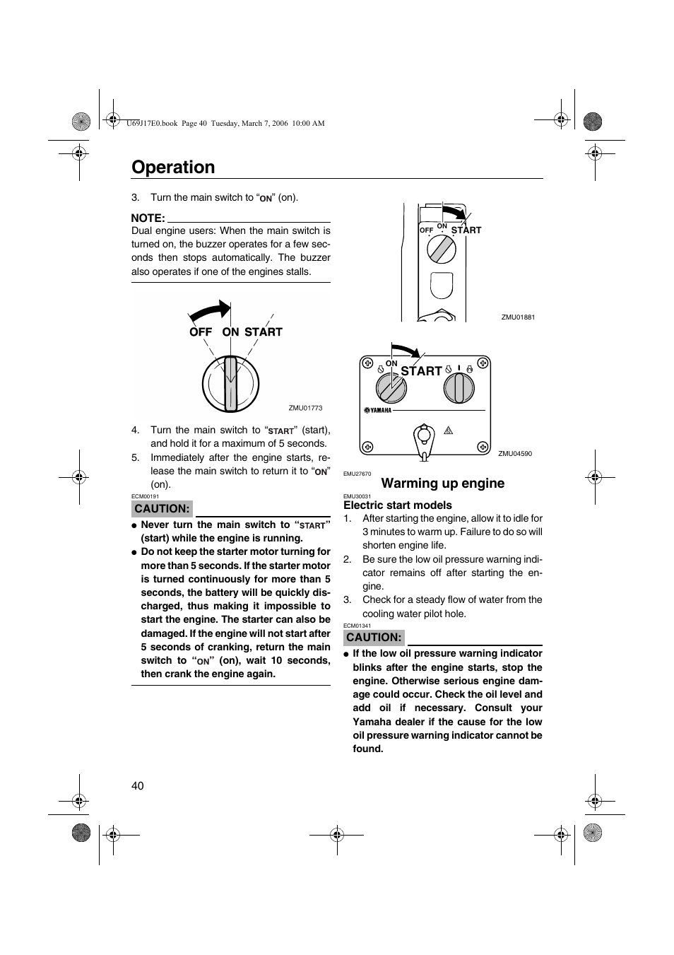 Warming up engine, Electric start models, Operation | Start | Yamaha LF225 User Manual | Page 46 / 94