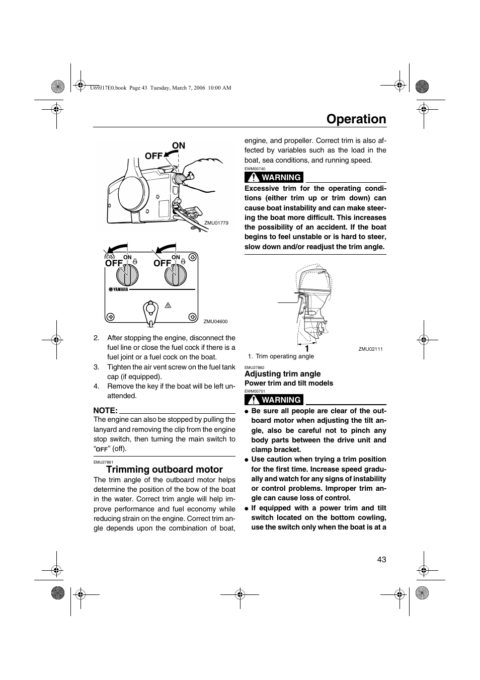 Trimming outboard motor, Adjusting trim angle, Operation | Yamaha LF225 User Manual | Page 49 / 94