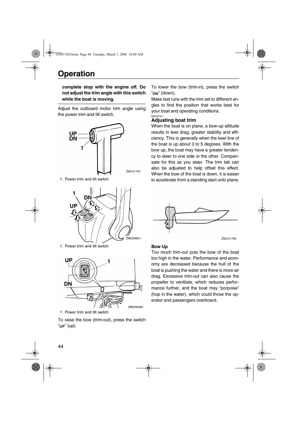 Adjusting boat trim, Operation | Yamaha LF225 User Manual | Page 50 / 94