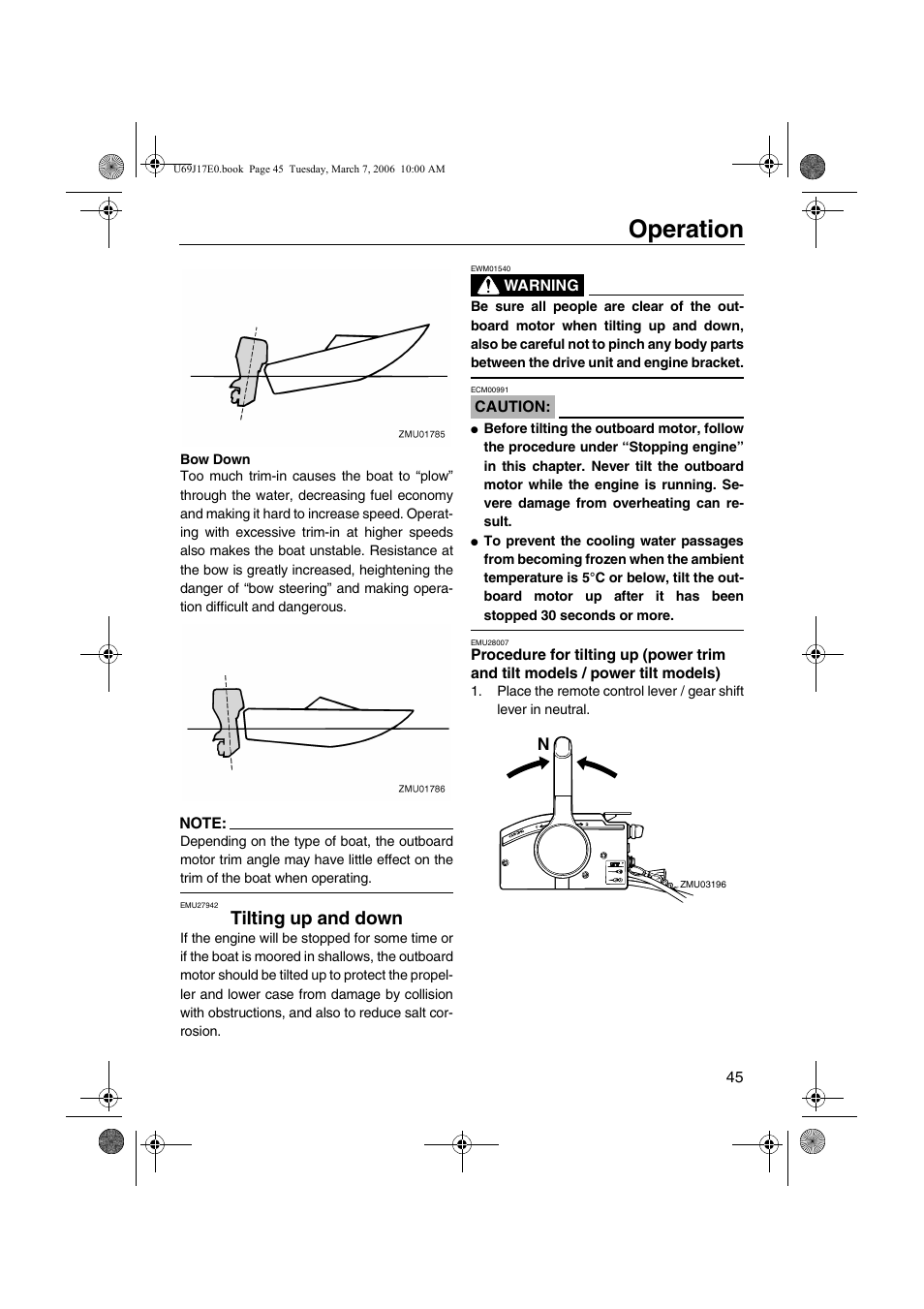 Tilting up and down, Procedure for tilting up, Power trim and tilt models / power tilt models) | Operation | Yamaha LF225 User Manual | Page 51 / 94