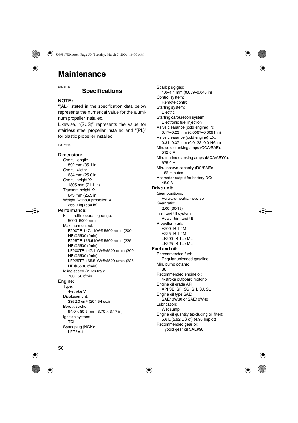 Maintenance, Specifications | Yamaha LF225 User Manual | Page 56 / 94