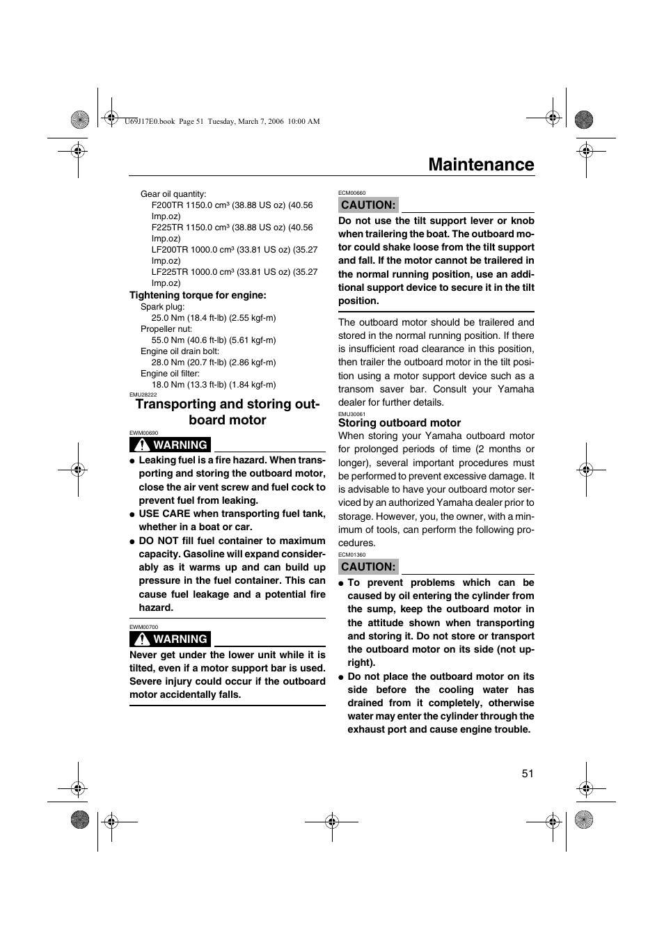 Transporting and storing outboard, Motor, Storing outboard motor | Maintenance, Transporting and storing out- board motor | Yamaha LF225 User Manual | Page 57 / 94