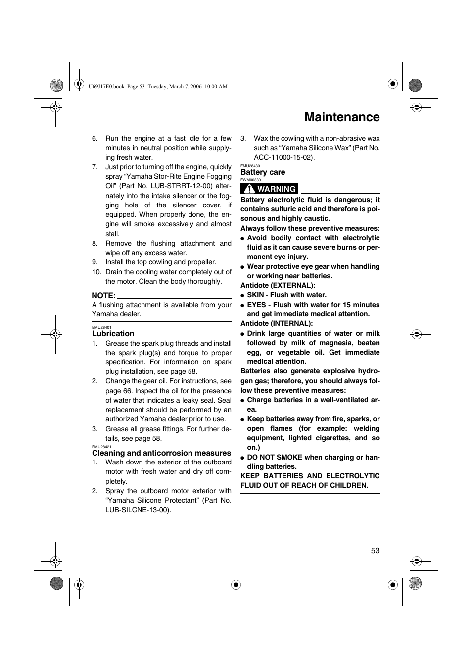 Lubrication cleaning and anticorrosion, Measures, Battery care | Maintenance | Yamaha LF225 User Manual | Page 59 / 94