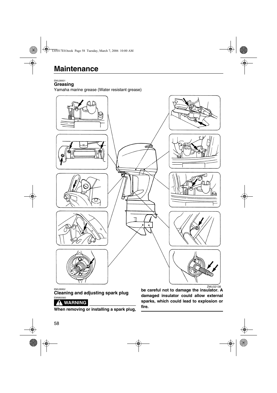 Greasing cleaning and adjusting spark plug, Maintenance | Yamaha LF225 User Manual | Page 64 / 94