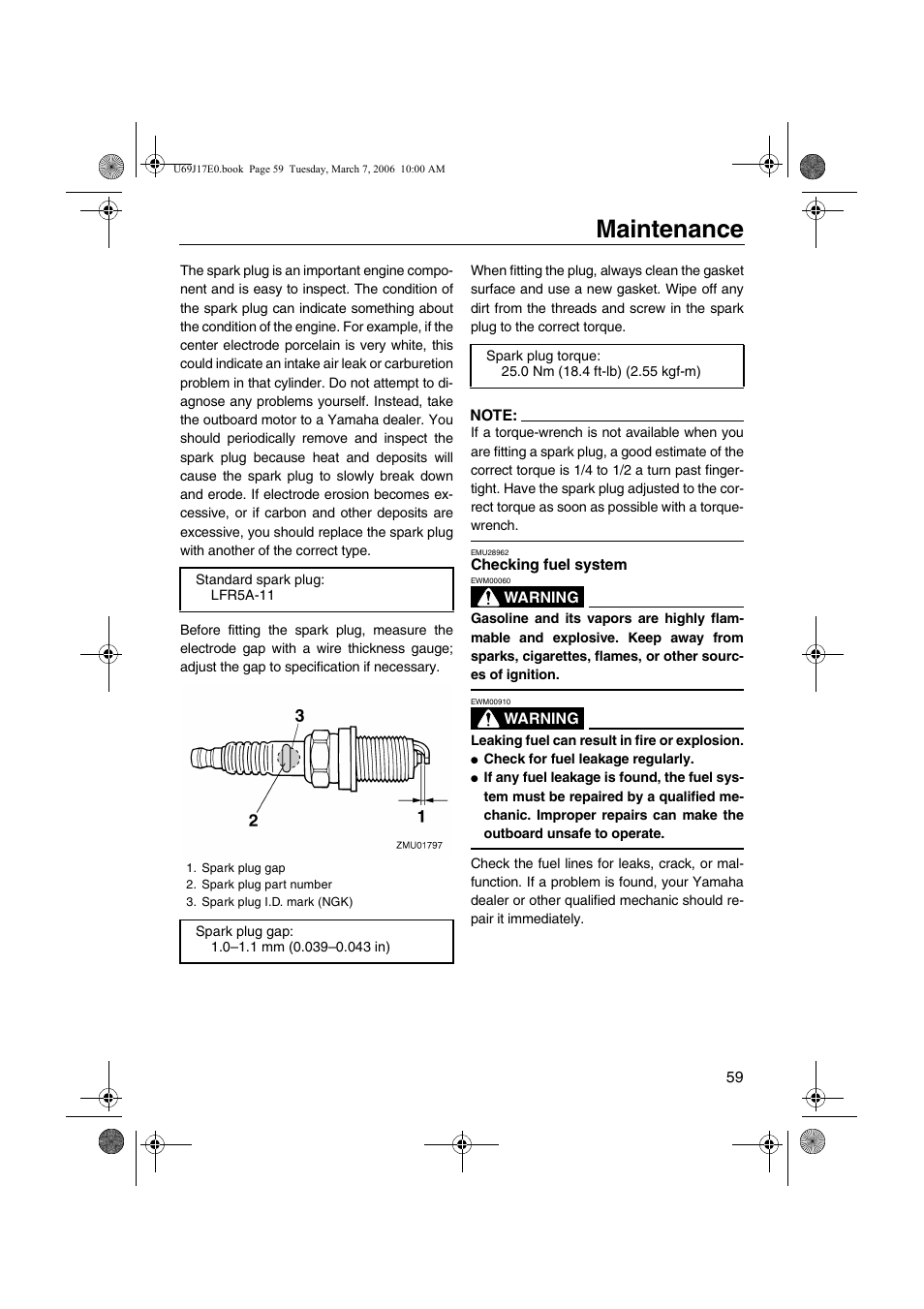 Checking fuel system, Maintenance | Yamaha LF225 User Manual | Page 65 / 94