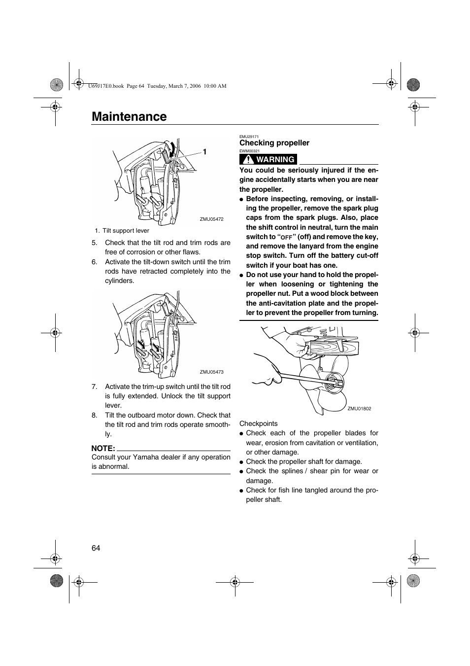 Checking propeller, Maintenance | Yamaha LF225 User Manual | Page 70 / 94