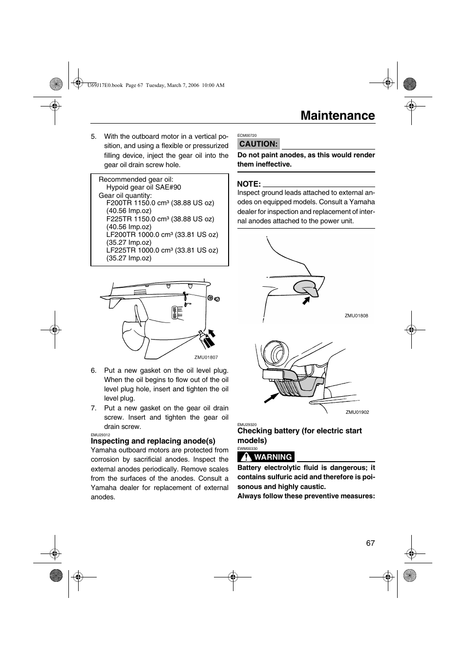 Inspecting and replacing anode(s) checking battery, For electric start models), Maintenance | Yamaha LF225 User Manual | Page 73 / 94