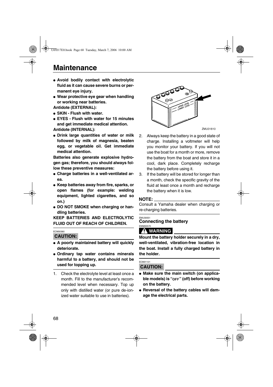 Connecting the battery, Maintenance | Yamaha LF225 User Manual | Page 74 / 94