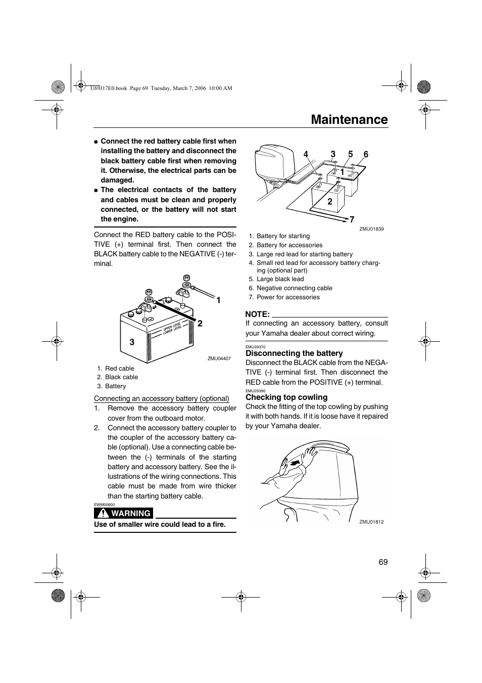 Disconnecting the battery checking top cowling, Maintenance | Yamaha LF225 User Manual | Page 75 / 94