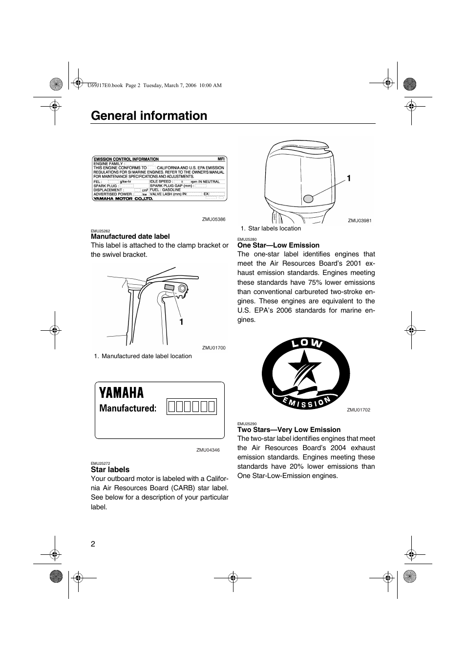 Star labels, General information, Manufactured | Yamaha LF225 User Manual | Page 8 / 94