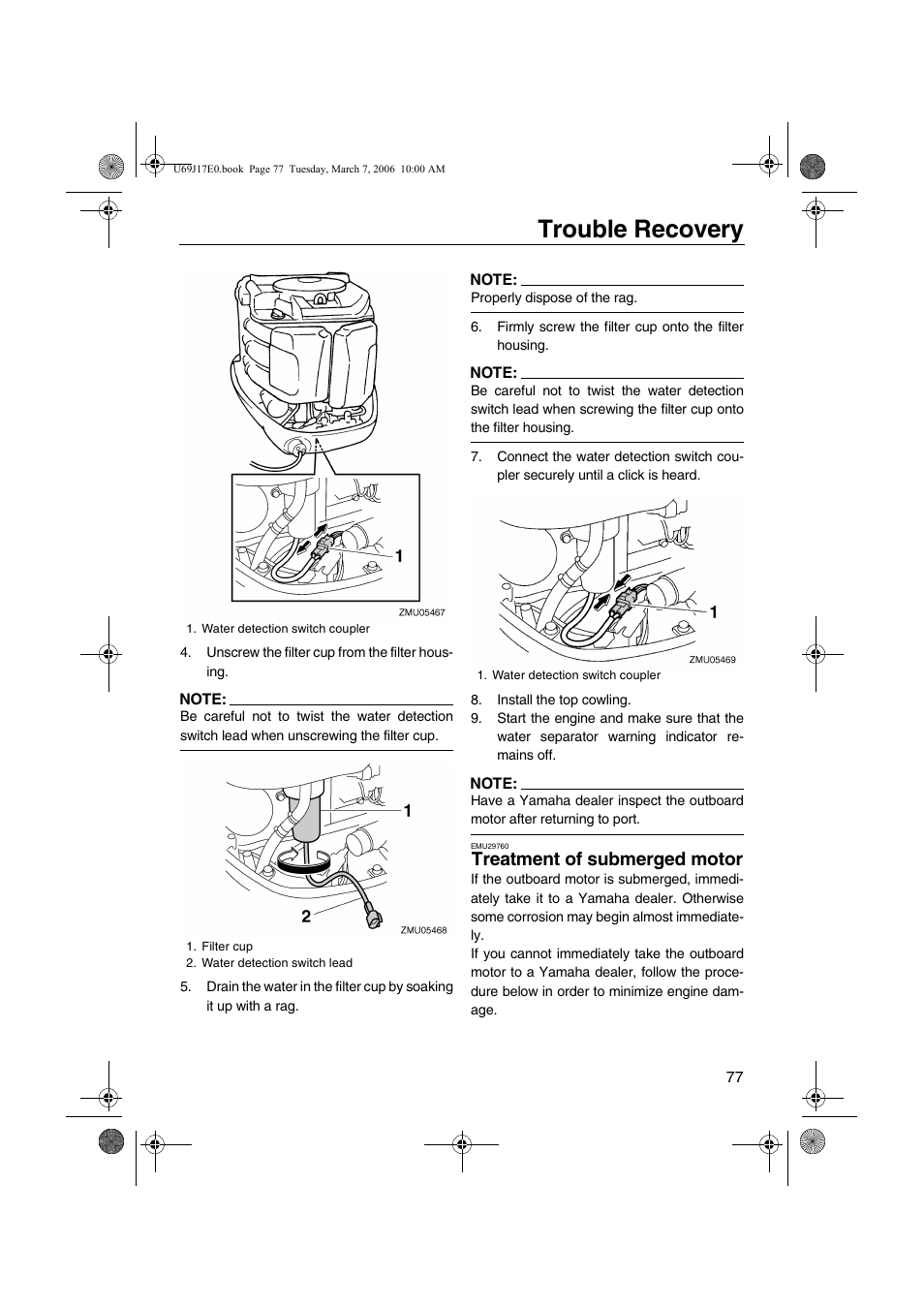 Treatment of submerged motor, Trouble recovery | Yamaha LF225 User Manual | Page 83 / 94