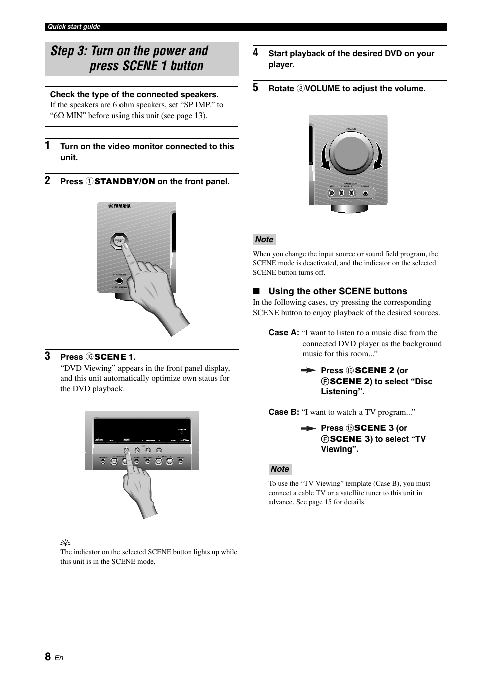 Step 3: turn on the power and press scene 1 button, Step 3: turn on the power and, Press scene 1 button | P. 8 | Yamaha RX-V461 User Manual | Page 12 / 93