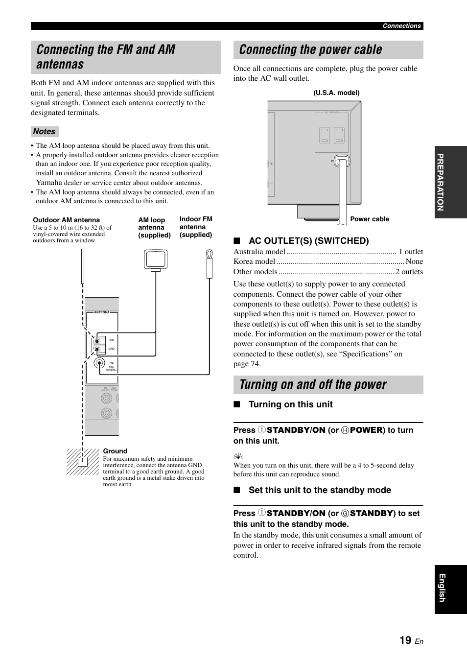 Connecting the fm and am antennas, Connecting the power cable, Turning on and off the power | P. 19, Ac outlet(s) (switched), Turning on this unit, Set this unit to the standby mode | Yamaha RX-V461 User Manual | Page 23 / 93