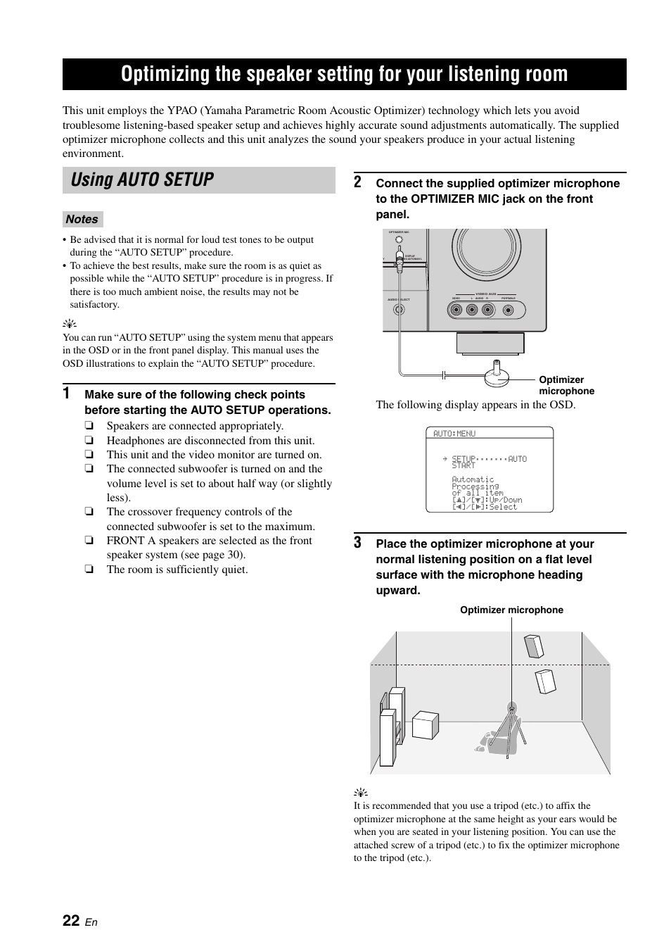 Using auto setup, Optimizing the speaker setting, For your listening room | P. 22 | Yamaha RX-V461 User Manual | Page 26 / 93